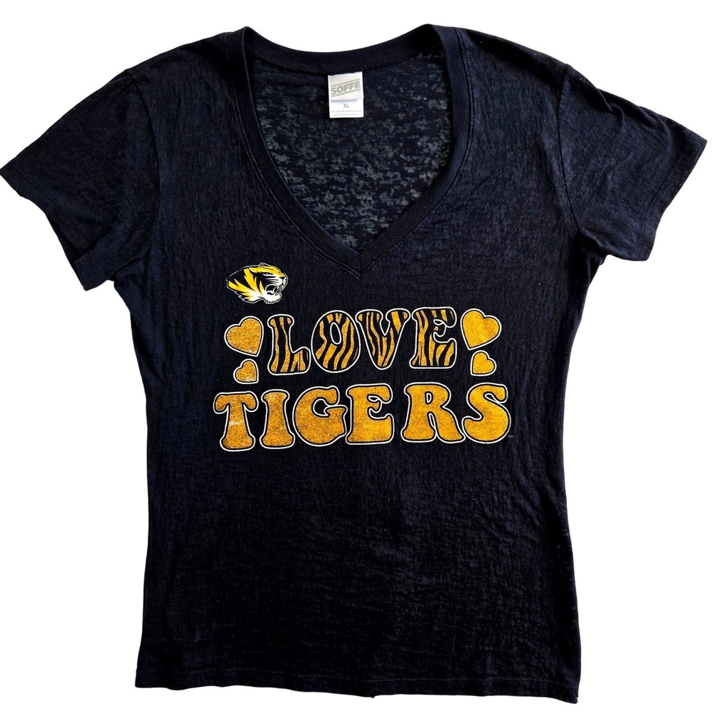 Missouri Tigers Love Tigers V-Neck Black T-Shirt‎ -Junior XL- Burnout Fabric